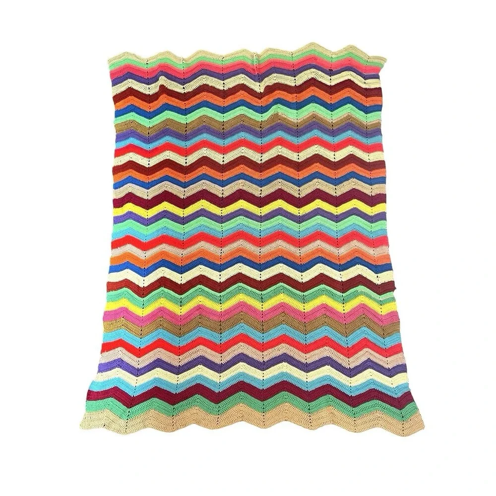 Handmade Crochet Chevron Afghan Blanket Multicolor Rainbow Boho Retro 69x49
